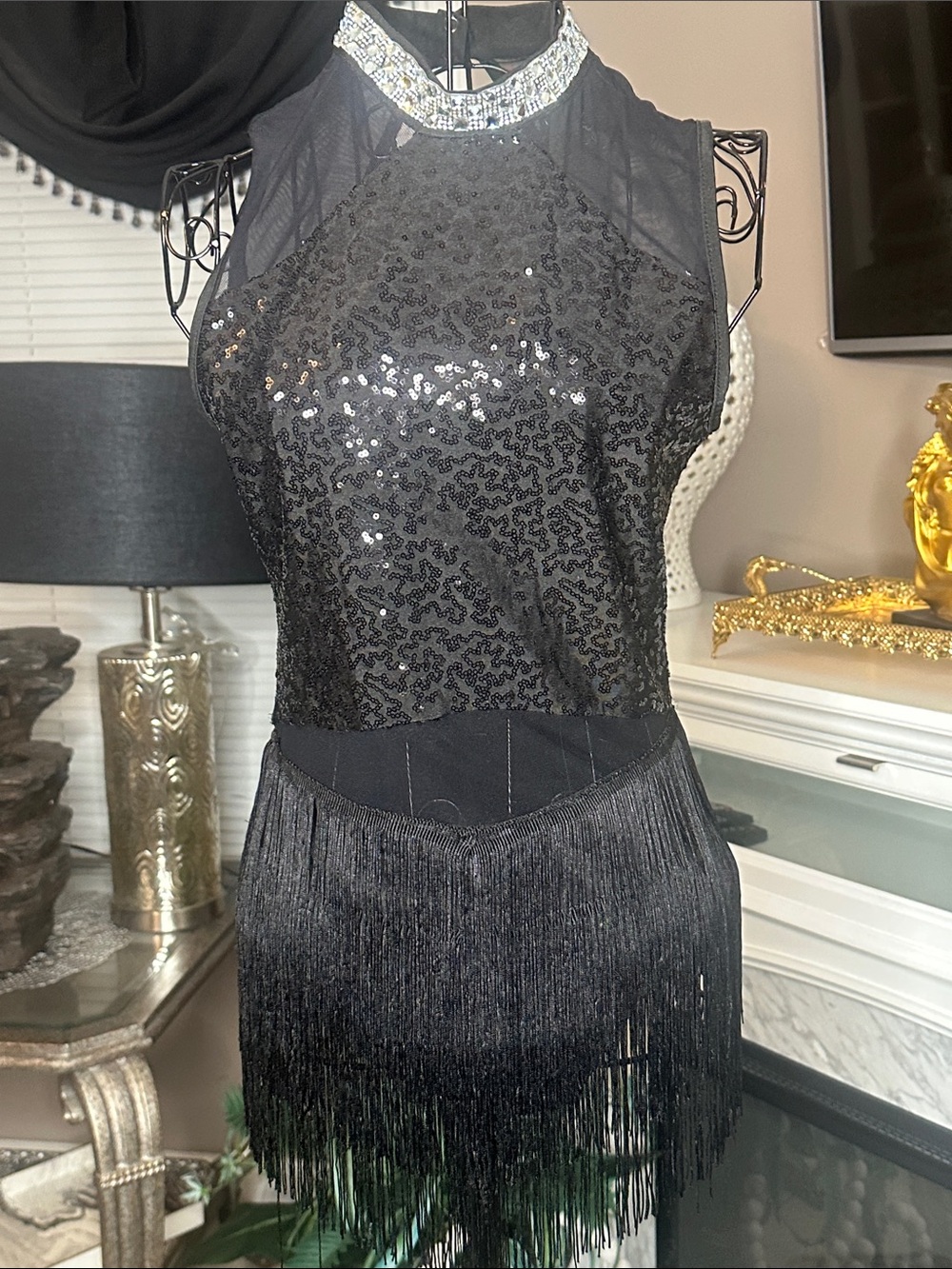 Black Sequin Fringe Halter Mini Dress